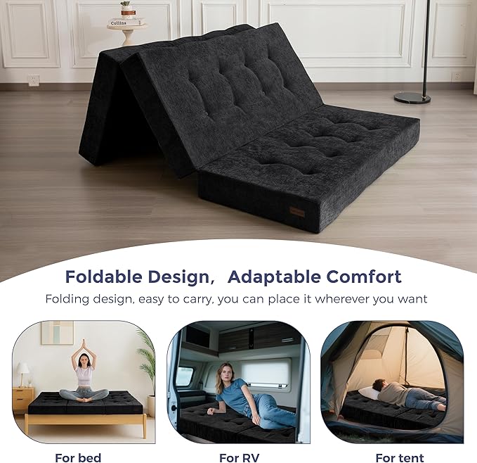 MAXYOYO Tri-Fold Mattress, 6 Inch Tufted Folding Mattress with Chenille Fabric, Portable Twin Size Floor Guest Mat for Adults, Foldable Topper for Camping, Black, 35.4"x75"