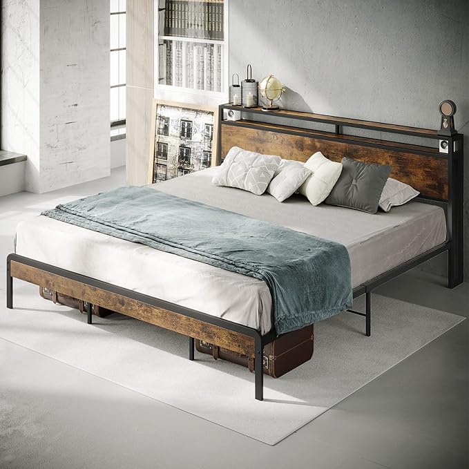 LIKIMIO King Size Bed Frame, Platform Bed with 2-Tier Storage Headboard, Solid and Stable, Noise Free, No Box Spring Needed, Easy Assembly, Vintage Brown