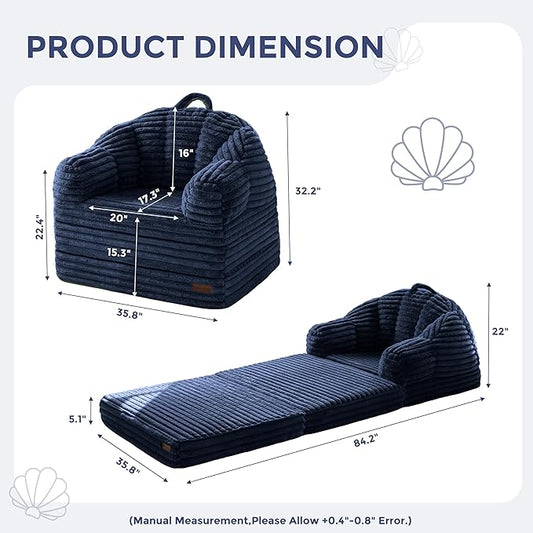 MAXYOYO Folding Sofa Bed, 2 in 1 Convertible Sofa to Lounger Comfy Faux Fur Bean Bag Chair for Adults, Floor Single Sleeper Couch Chair with Handle, Couch Bed for Living Room Bedroom, Navy