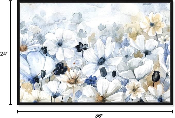 The Oliver Gal Artist Co. Floral and Botanical Wall Art Framed Canvas Prints 'Fields Flowers Home Décor, 36" x 24", Blue, White