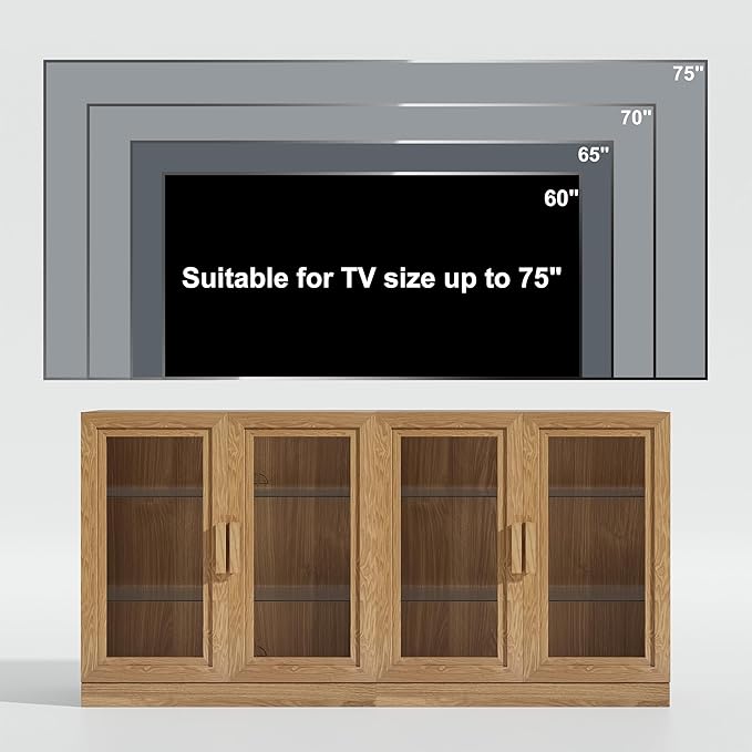 Casaphoria Adam Sideboard Buffet Cabinet with Storage, Display Cabinet with Glass Doors & Adjustable Shelves, 62" W x 31" H Buffet Cabinet for Entryway Kitchen Living Room, Oak