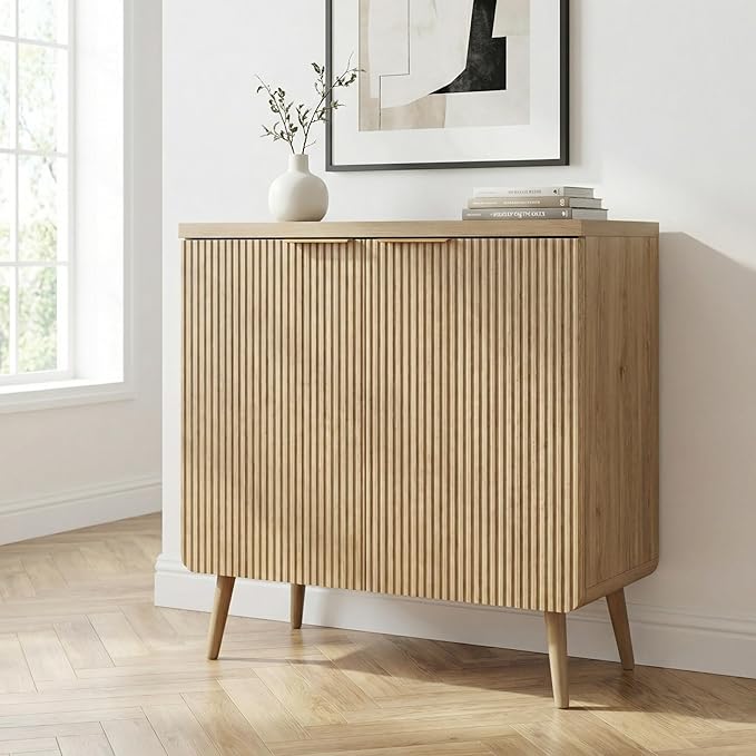 FONTOI 29.5" Wood Fluted Buffet Cabinet with 2 Doors & Storage - Multifunctional Kitchen Sideboard Credenza for Living Room & Entryway, Oak