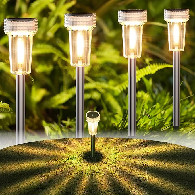 DERAYSION Solar Lights Outdoor, 8 Pack Solar Pathway Lights Dusk-to-Dawn Garden Lighting, Waterproof LED Stainless Steel Pole, Outdoor Solar Lights for Path Walkway Yard Driveway Decor - Warm White