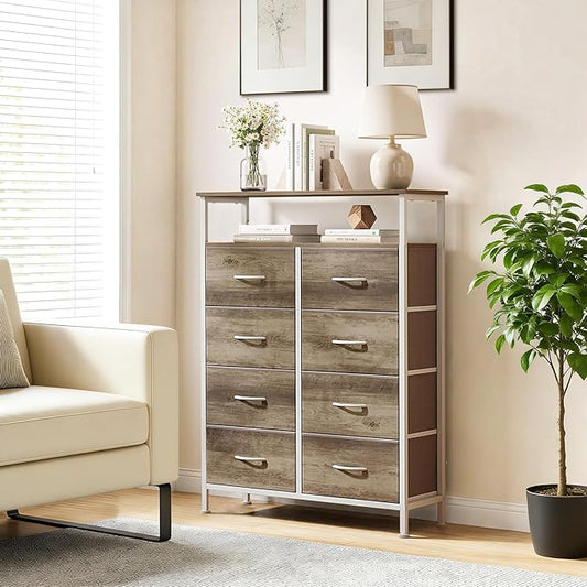 8 Drawers Dresser with Open Shelf, 46" Tall Storage Organizer Chest of Drawer with Wooden Top, Sturdy Metal Frame for Bedroom, Hallway, Living Room, Greige Oak