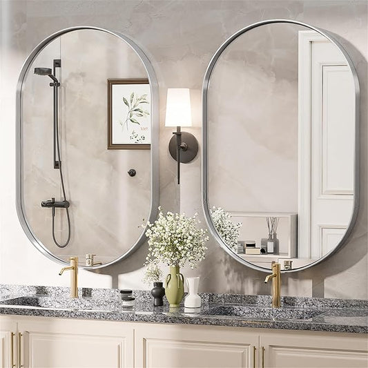 Suidia 24" x 36" Bathroom Mirror, Bathroom Vanity Mirror Metal Framed, Wall-Mounted Mirrors for Bedroom, Living Room, Entryway, Hallway, Silver, Oval Style