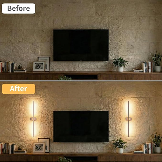 ONEWISH Battery Operated Wall Sconces Set of 2, 27.75" Rechargeable Wall Lights with Remote & Removable Battery, 3-Color Dimmable Wireless Sconces for TV Wall Decor, Picture Light, Bedroom, Gold
