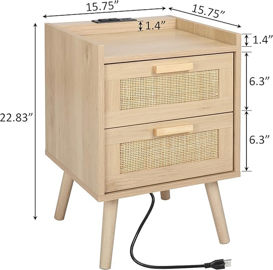 Finnhomy Nightstand with Charging Station, Bedside Table with 2 Hand Made Rattan Decorated Drawers, Night Stand with Storage for Bedroom, Natural