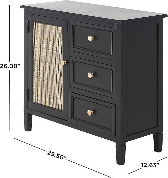Deco 79 Wood Handmade Room Cabinet 3 Drawers and 1 Door Storage Cabinet with Rattan Front, Accent Cabinet 30" x 13" x 26", Black