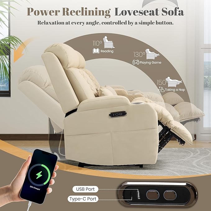 Zero Wall Hugger Power Reclining Sofa with Adjustable Headrest, Electric Reclining Couch with Drop-Down Table,Outlets, Power Loveseat Recliner Sofa for Living Room,RV (Beige, 3 Seat)
