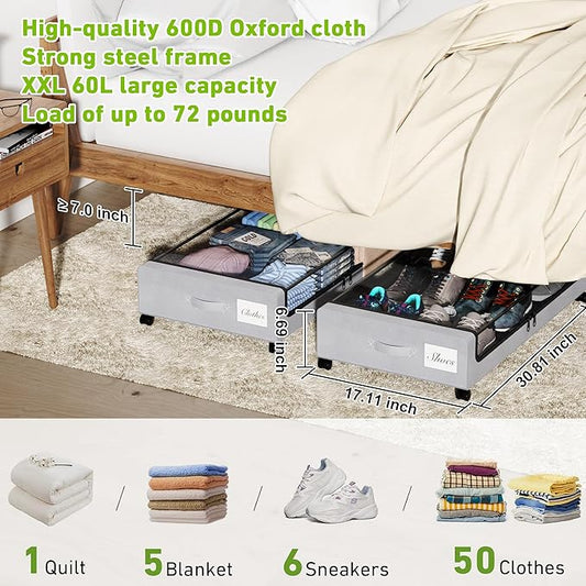 Under Bed Storage with Wheels, XXL 60L Under the Bed Storage Bins, Underbed Storage Containers with Lids & Label, Rolling Metal Drawer for Shoes, Clothes, Books, Toys (4-Pack Gray)