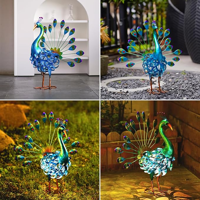 Goodeco Solar Peacock Statue Garden Decor - 20.7 Inch Stunning Metal Peacock Yard Art with Lighted Lamp - Perfect Peacock Gifts for Women, Ornaments & More, LD6020304