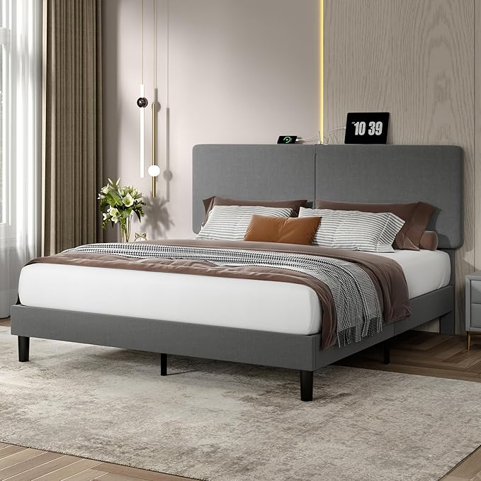 VECELO Queen Bed Frame Upholstered with Charging Station, Height-Adjustable Headboard, Wooden Slat Support, No Box Spring Needed, Easy Assembly, Dark Grey
