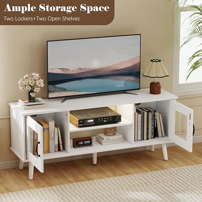 Wood TV Stand for 55 Inch TV, Mid Century Modern Entertainment Center with Adjustable Shelf, Sensor LED Light, 2 Cabinets, TV Media Console for Living Room Bedroom White