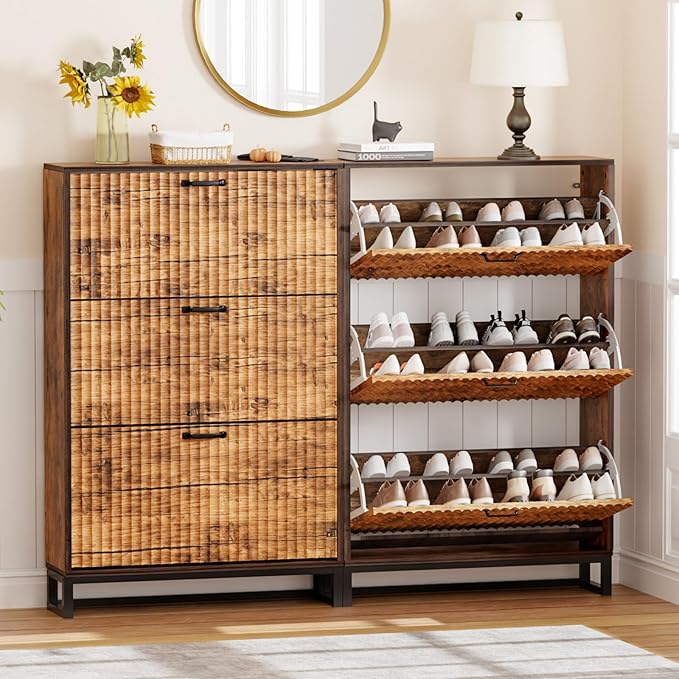 Nicetree Shoe Cabinet Storage for Entryway- Modern Fluted Shoe Organizer 3 Flip Drawers & 3-Tier Adjustable Shelves, Farmhouse Modern Rustic Shoe Rack with Metal Legs for Hallway Foyer Brown