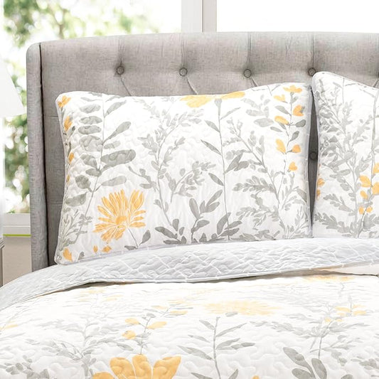 Lush Decor Aprile Reversible Floral Quilt Queen Size 3 Piece Set Full/Queen, Yellow & Gray - Bedding Set - Floral Quilt - Cottage Bedroom Décor