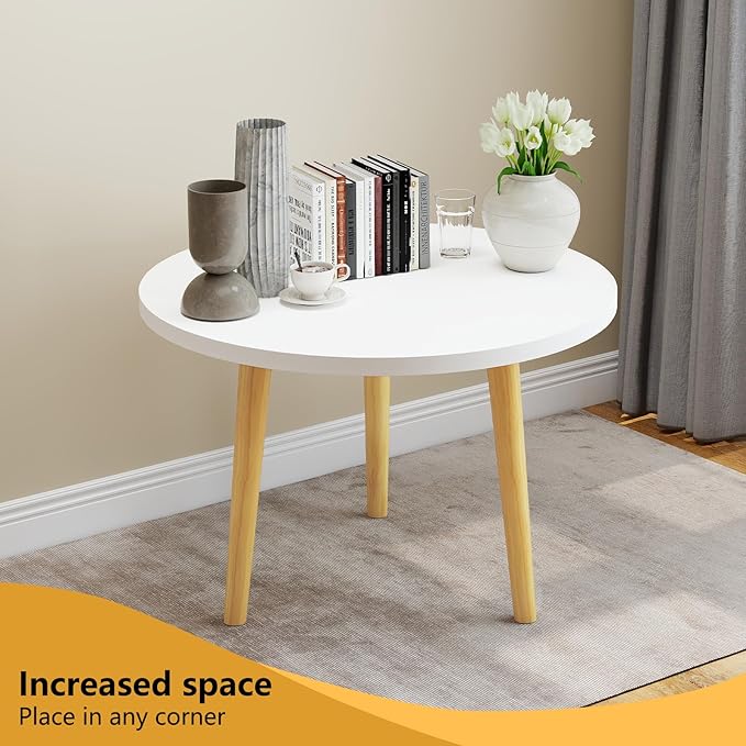 Round Coffee Table Low Table with 3 Solid Wood Sturdy Legs, Floor Table Desk for Sitting on The Floor, Storage and Living Room Furniture (White)