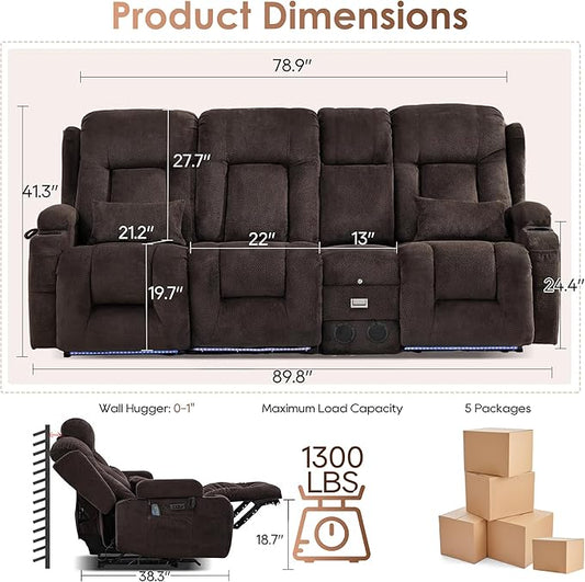 TUNYI Wall Hugger Loveseat Recliner Sofa with Console, Power Reclining Loveseat RV Couch with Massage & Heat/USB/Outlet/Storage/LED Light/Speaker (Brown, 4 Seat)