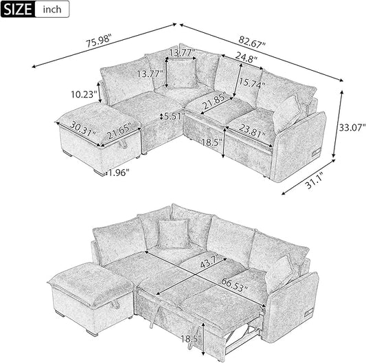 ERYE 82.5-Inch Left Facing Corner Sleeper Sectional Sofa Bed for Living Room Office,L-Shaped Chenille Upholstered Convertible Pull Out Sleeper Couch Bed W/Storage Ottoman | USB-C Ports
