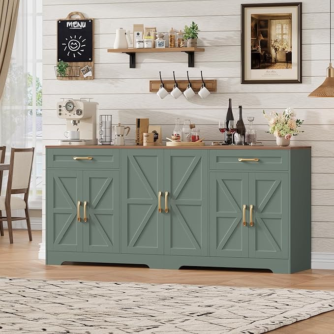 71” Large Sideboard Buffet Cabinet with Storage, Farmhouse Kitchen Buffet Cabinet with Adjustable Shelves and 6 Barn Doors, Wood Coffee Wine Bar Console Table for Kitchen, Dining Room, Green
