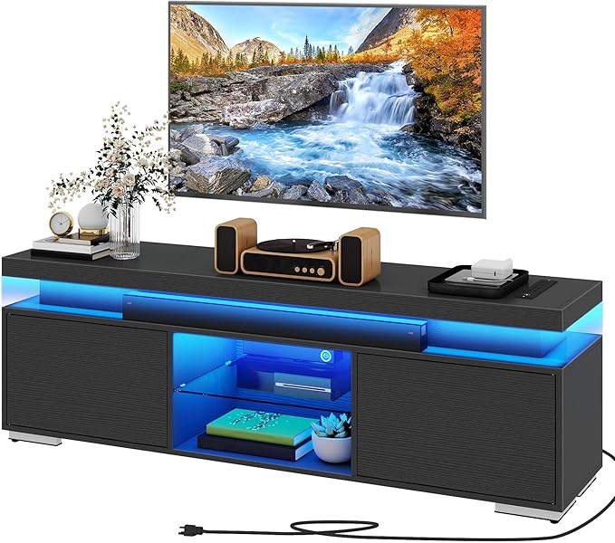 DWVO LED TV Stand for 65 inch TV w/Power Outlet, TV Stands for Living Room, Entertainment Center with Storage, Modern Television Stand, Gaming Media Stand, Black