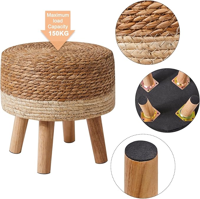YMYNY Foot Stool Natural Seagrass Hand Weave, 12.6" Small Ottoman, Round Footrest for Living Room, Bedroom, Entryway, Change Shoes Stool, Non-Skid Wood Legs, Boho, Natural+White, UHBD027W