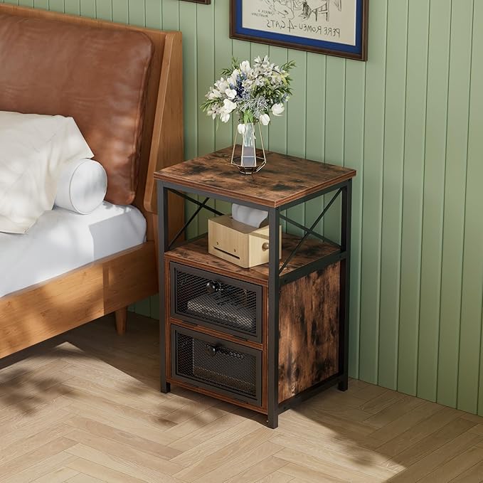 VECELO Nightstand Set of 2 with Drawer, Modern Night Stand for Bedroom, End Side Table for Living Room,Bedroom,Office, Easy Assembly Amber Brown