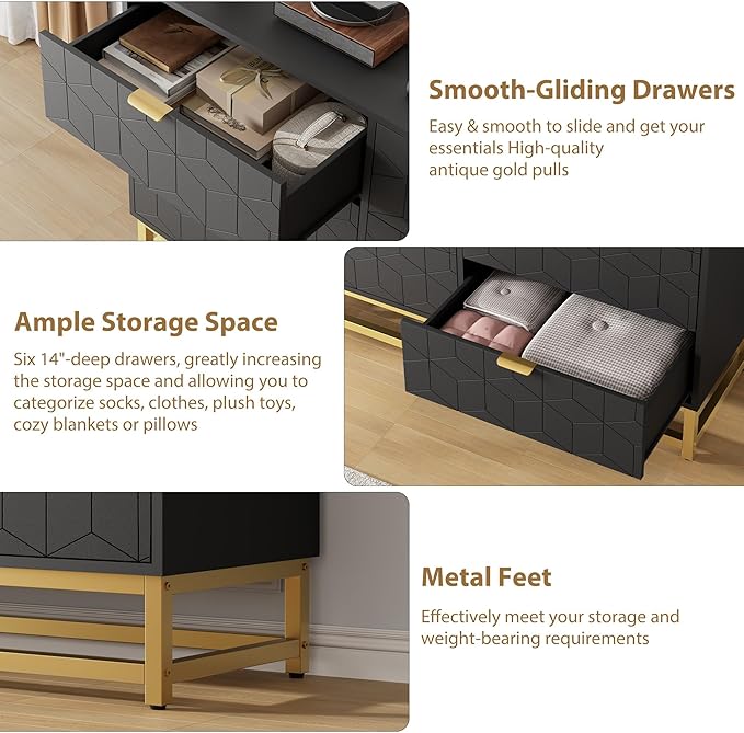 GAOMON Black 6 Drawer Double Dresser,Modern Dresser for Bedroom with Gold Handles,Long Storage Organizer for Closet & TV Stand,Large Chest of Drawers for Living Room,Hallway,Entryway