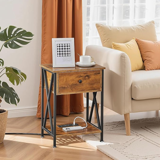 VECELO End Table with Charging Station, Night Stand with Drawers, 2-Tier Bedside Tables with USB Ports & Outlets, Side Table with Storage Shelf for Living Room/Bedroom, Rustic Brown