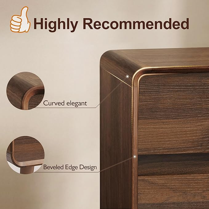 3 Drawer Dressers for Bedroom, Mid Century Modern Chests of Drawers, Curved Dresser with Storage Drawer, Wooden Bedroom Furniture Drawer for Closet, Home Office, Walnut
