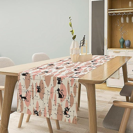 Mid Century Table Runner Vintage Pink Abstract Geometric Atomic Star Retro Black Cat Dining Table Decoration for Kitchen Dining Room 13x108in