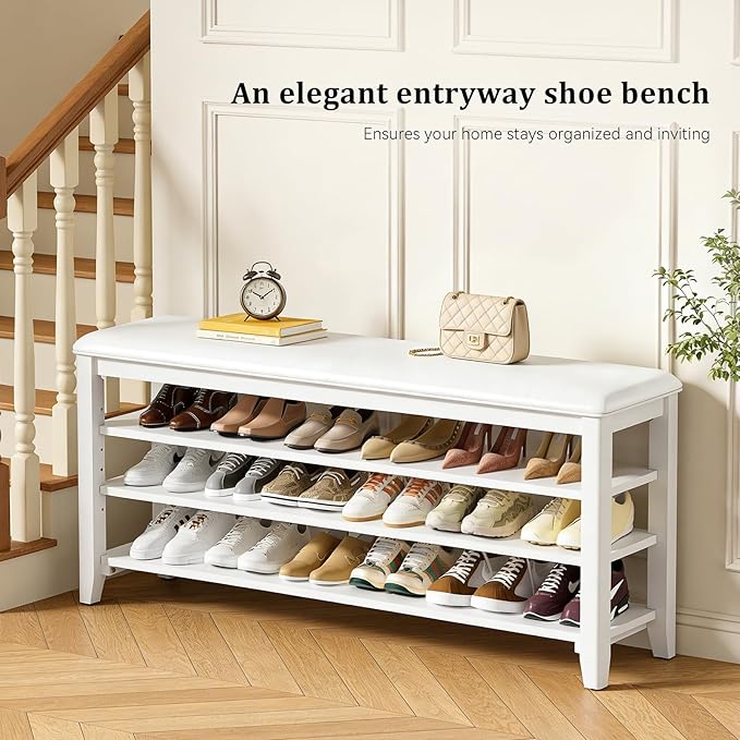 Shoe Bench Storage Rubberwood with Leather Cushion for Entryway Bench Ideal for Hallways Shoe Rack Front Doors Entrances Mudrooms Featuring 3 Height-Adjustable and Removable Shelves