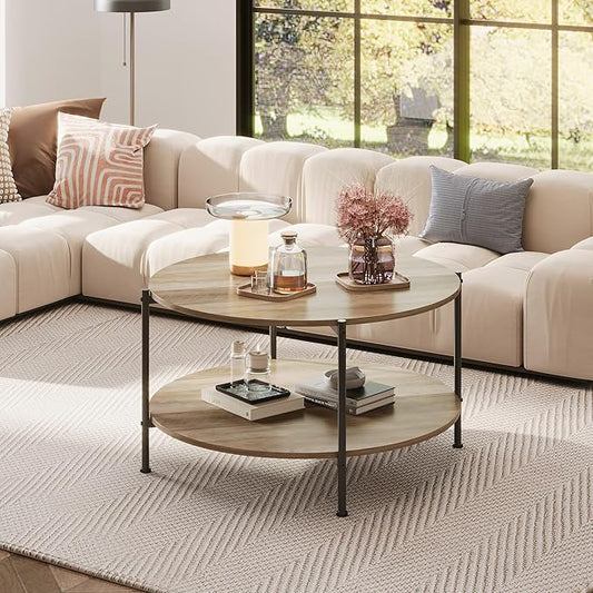 WLIVE Round Coffee Table for Living Room, 32.6" Small Coffee Table with Open Storage Shelf, 2-Tier Industrial Circle Wood Center Table for Bedroom, Home Office, Grey