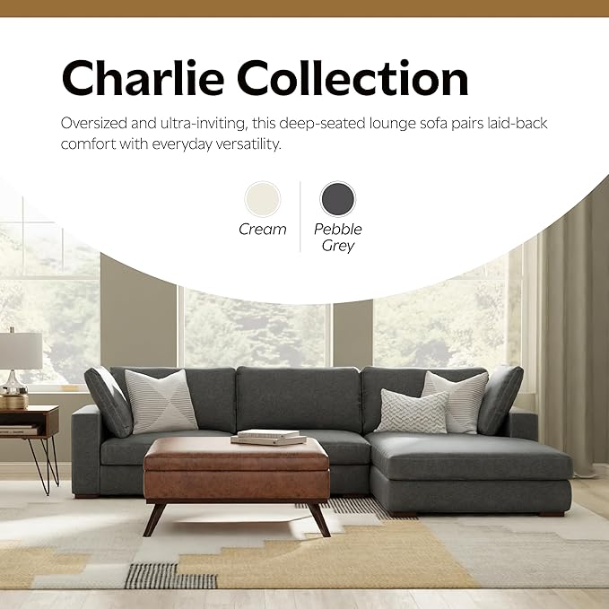 SIMPLIHOME Charlie Right-Facing Sectional Sofa in 100% Recycled Polyester Tightly Woven Performance Fabric, Pebble Grey, 122-inches Wide, Handcrafted Contemporary Style L-Shaped Couch with Chaise