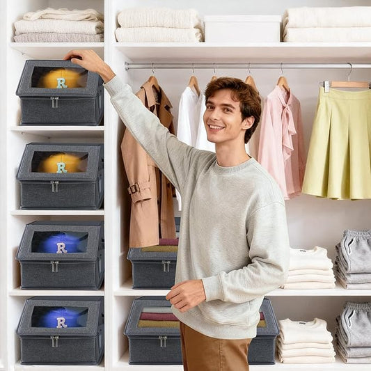 Dofilachy 2 Pack Stackable Hat Storage for Baseball Caps, Holds 28 Caps - Closet Organizer Box with Clear Window & Cardboard,Sturdy Snapback Hat Boxes for Home Storage (Linen Grey, 2 Pcs)