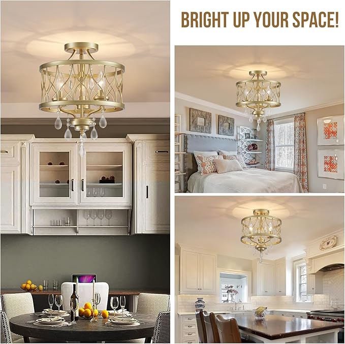 Farmhouse Crystal Ceiling Light Fixture, 3-Light Semi Flush Mount Crystal Chandelier Light Fixture Rustic Vintage Gold Pendant Ceiling Lamp for Hallway Corridor Kitchen Entryway Bedroom Living Room
