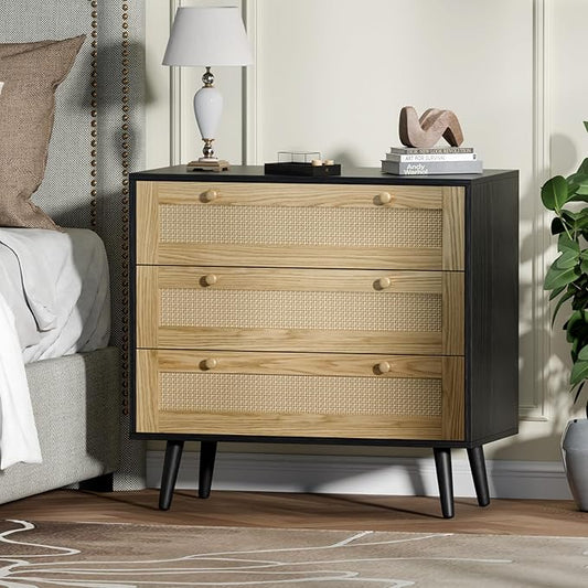 3 Drawer Rattan Dresser for Bedroom, Modern Wooden Dresser Chest with Handles for Bedroom, Hallway and Living Room, Black