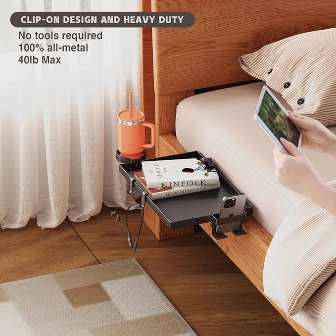 Bedside Shelf Foldable, Metal Clip-On Bed Shelf for Top Bunk Heavy Duty Bed Side Table Tray for College Dorm Essentials, Loft Nightstand Organizer Tray with Removable Cup & Phone Holder(Black)