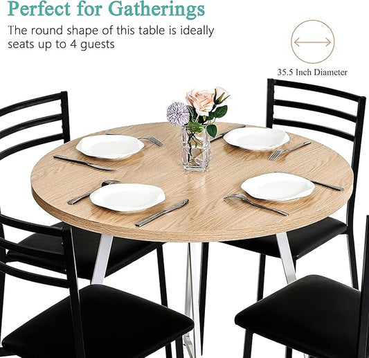 VECELO Round Dining Table Set for 4, Wood Tabletop & Heavy-Duty Steel Frame, 8-Piece Dinette with Chairs for Kitchen, Breakfast Nook, Natural & White
