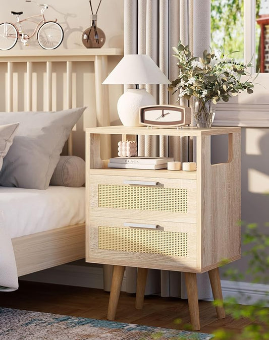 YMYNY Rattan Nightstand Set of 2, Boho Side Table with 2 Drawers, Open Shelf Unit with Arched Design, Solid Wood Legs, Storage Cabinet for Bedroom, Natural UHST015N-2
