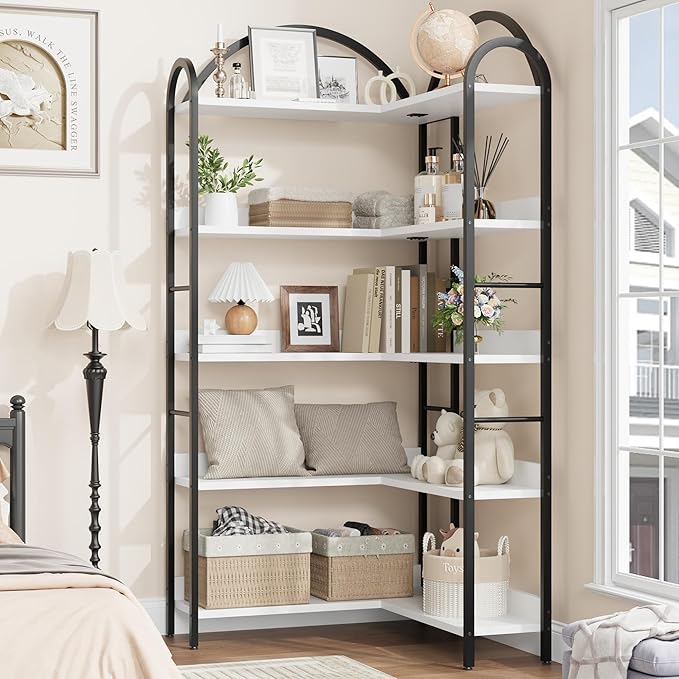 GarveeHome Arched Bookshelf Corner Bookcase, L Shaped Bookshelf Industrial Corner Bookshelves, Large Bookcase with Metal Frame, Corner Shelf Arch Display Rack for Living Room Bedroom