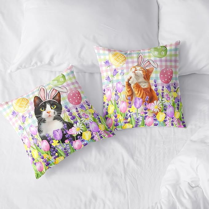 Spring Easter Pillow Covers 18x18 Set of 2 Lovely Cow Cat and Ginger Cat Wearing Bunny Ears Throw Pillow Covers Tulip Floral Pillow Case for Easter Decoration Sofa Patio Garden