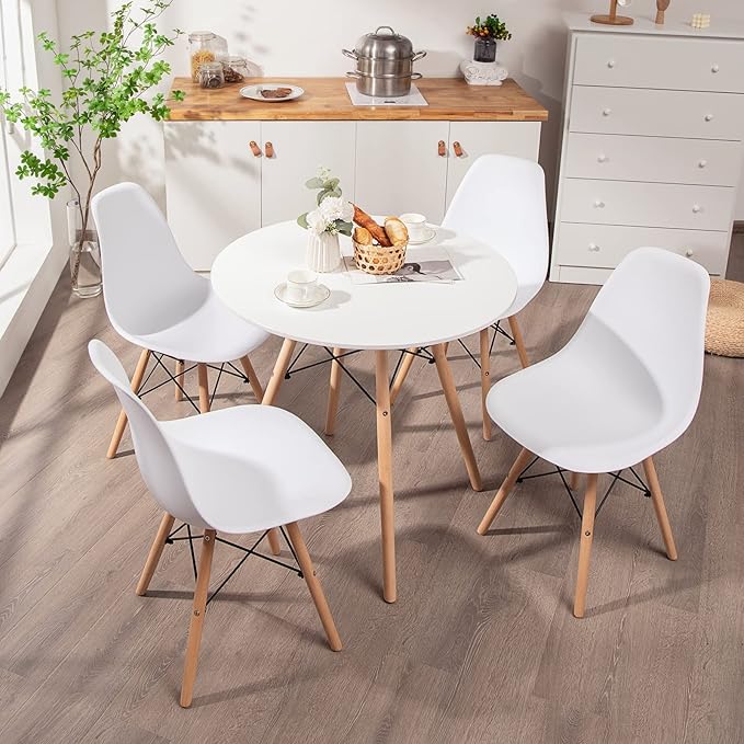 Giantex 3-Piece Dining Table Set, Modern Round 31.5" D Dining Table & 2 DSW Chairs W/Solid Wood Legs, Home Furniture Set for Small Spaces Dining Room Kitchen Restaurant, White