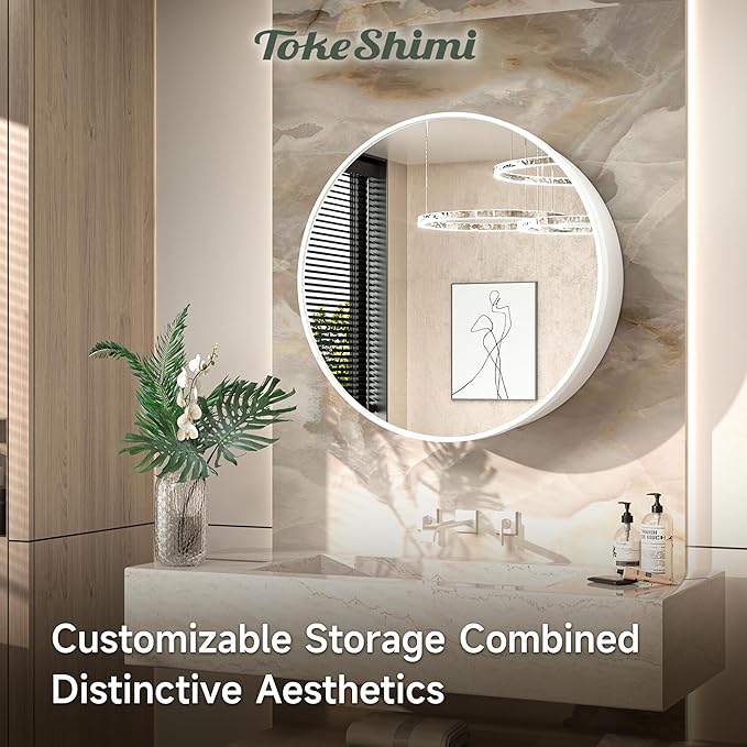 TokeShimi 26 Inch Round White Medicine Cabinet for Bathroom with Mirror Metal Framed Mirrored Bathroom Cabinet Surface Mount Only Removeable Shelves Modern Farmhouse Circle Vanity Mirror with Storage