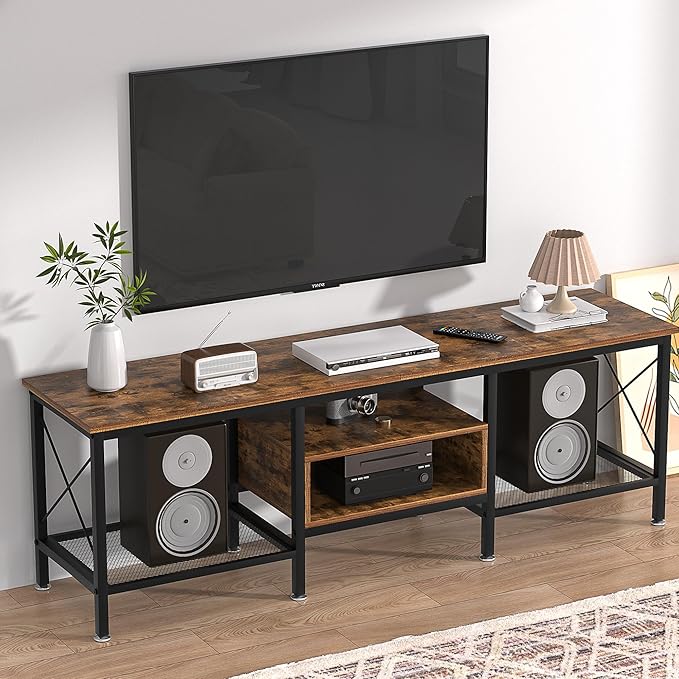 VECELO Industrial TV Stand for 70 Inch Television Cabinet 3-Tier Console with Open Storage Shelves, Entertainment Center Metal Frame for Living Room, Bedroom, 63 Inch, Dark Brown