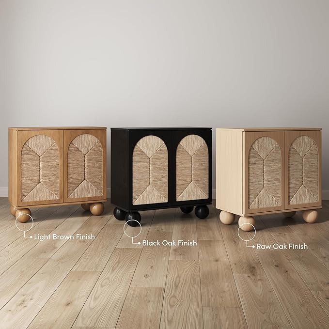 Nathan James Leah Boho TV Stand or Sideboard Cabinet for Kitchen or Living Room with Ball-Style Feet, Natural Seagrass Door Fronts and Solid Wood Legs, Light Brown, Set of 4