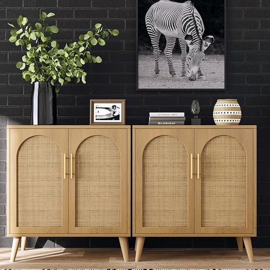 Rovaurx Rattan Storage Cabinet with Doors, Modern Accent Bathroom Floor Cabinet, Sideboard Buffet for Living Room, Entryway, Dining Room and Kitchen, Natural BMGZ108M