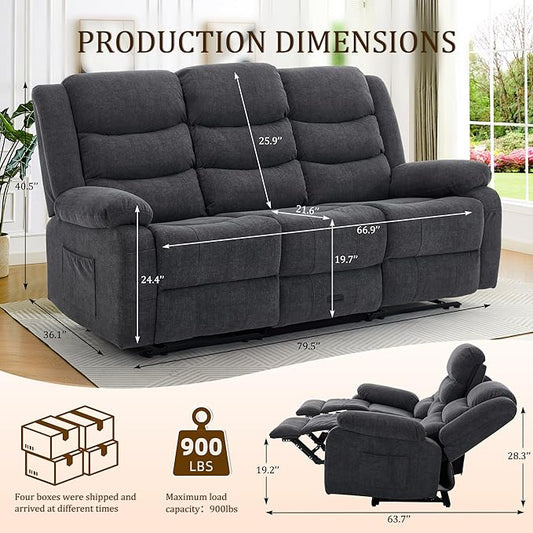 Korser Recliner Sofa, Reclining Loveseat with Console, Oversized Reclining Couch with Drop Down Table, 3-Seater Sofa with Cup Holder and Recessed Power Strip, Grey