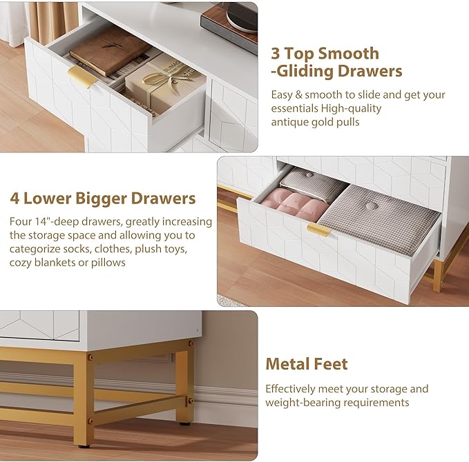 GAOMON Dresser for Bedroom, 53.5" Wide Dresser Organizer, 7 Drawer with Golden Metal Handle and Legs, Modern Chest of Drawers for Closet, Hallway, Living Room, Entryway, White