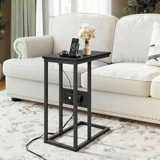 VECELO C-Shaped End Side Table with Charging Station & 2 USB Ports and Outlets for Living Room, Bedroom, with Adjustable Feet for Couch Sofa, Bedside, Small Spaces, Black