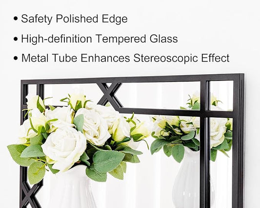Chende Large Wall Mirror for Decor, 24''x47'' Black Decorative Mirror with Matte Black Metal Pipe Frame, Rectangular, Horizontal/Vertical, Living Room, Bathroom, Entrance